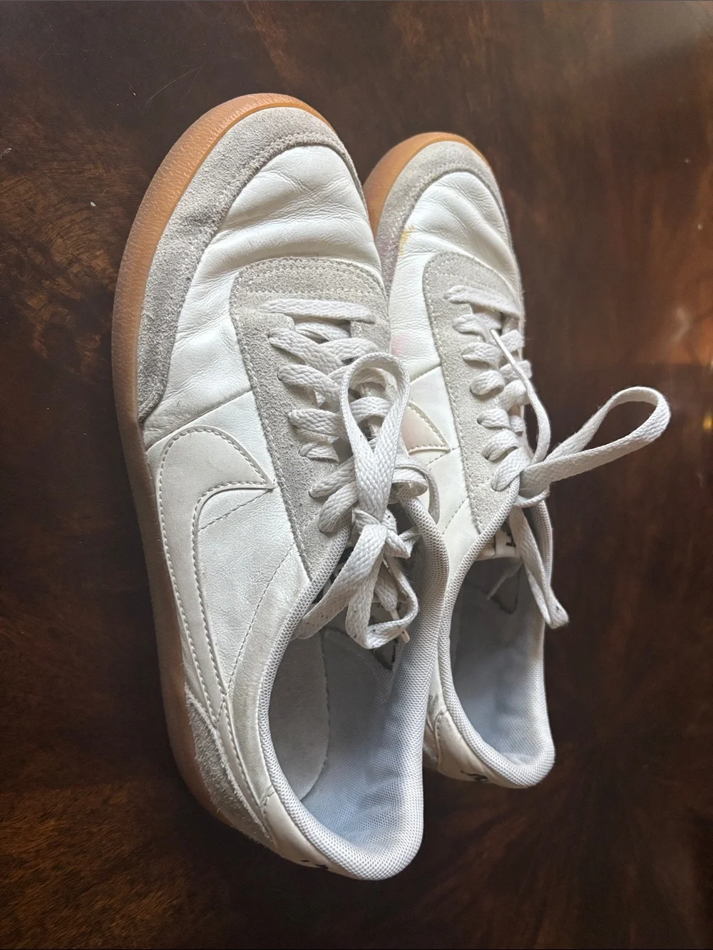 Nike Women’s White and Gray Leather Sneakers with Gum Sole